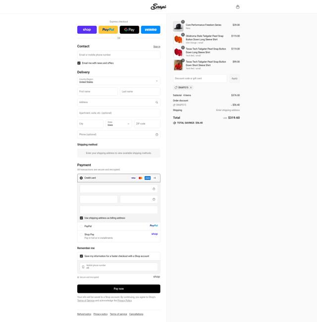 Snaps Clothing checkout page showing Snaps Clothing discount code box | Screenshot taken by SimplyCodes community member on Sep 9, 2025