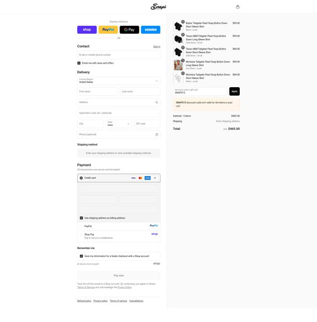 Snaps Clothing checkout page showing Snaps Clothing discount code box | Screenshot taken by SimplyCodes community member on Sep 13, 2025