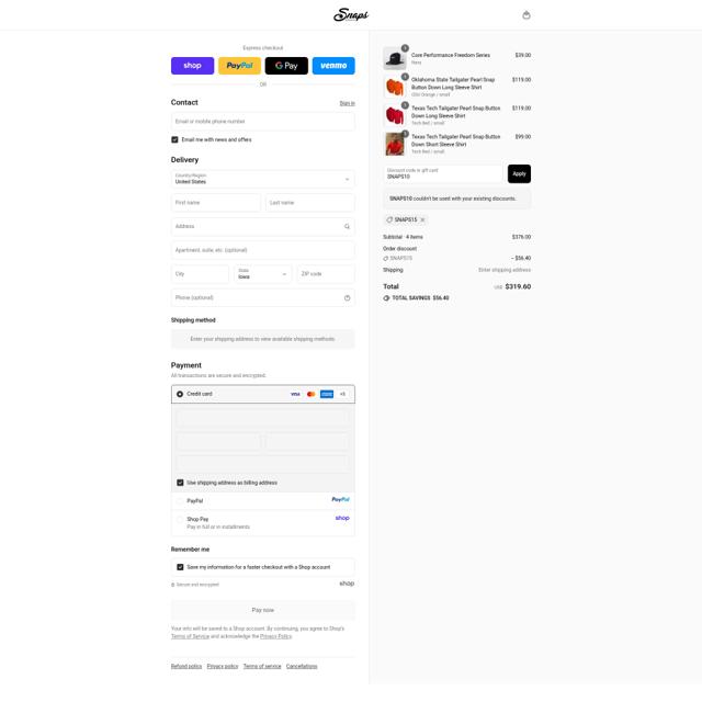 Snaps Clothing checkout page showing Snaps Clothing discount code box | Screenshot taken by SimplyCodes community member on Sep 9, 2025