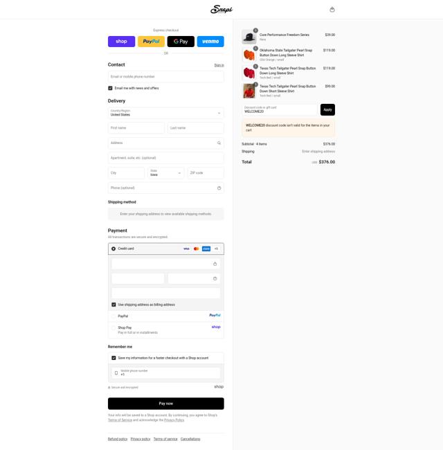 Snaps Clothing checkout page showing Snaps Clothing discount code box | Screenshot taken by SimplyCodes community member on Sep 9, 2025