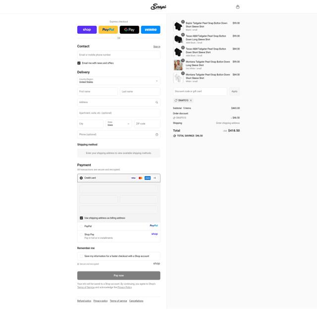 Snaps Clothing checkout page showing Snaps Clothing discount code box | Screenshot taken by SimplyCodes community member on Sep 13, 2025