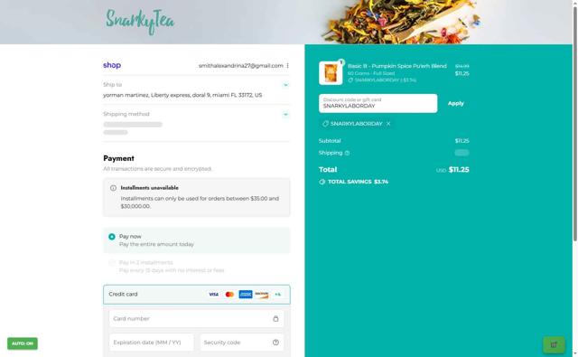 Snarky Tea checkout page showing Snarky Tea discount code box | Screenshot taken by SimplyCodes community member on Aug 29, 2025
