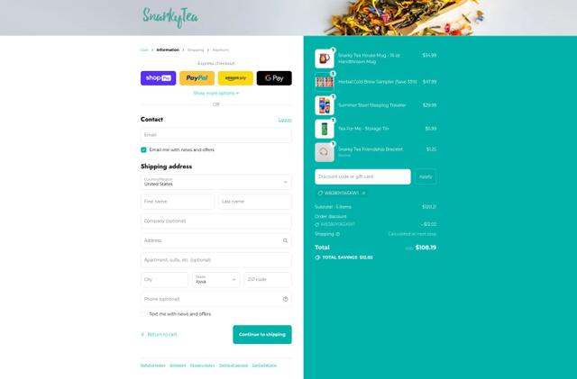 Snarky Tea checkout page showing Snarky Tea discount code box | Screenshot taken by SimplyCodes community member on Aug 16, 2025