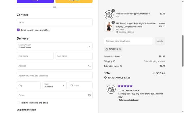 Snatched body checkout page showing Snatched body discount code box | Screenshot taken by SimplyCodes community member on Sep 11, 2025