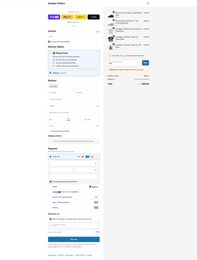 Sneaker Politics checkout page showing Sneaker Politics discount code box | Screenshot taken by SimplyCodes community member on Aug 10, 2025
