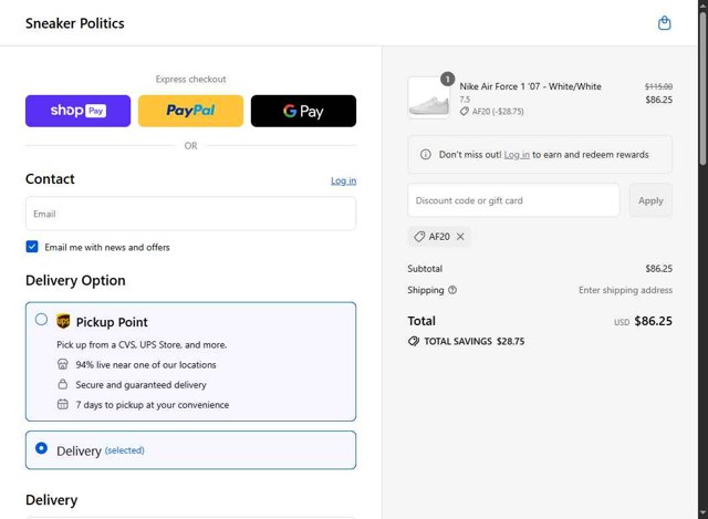 Sneaker Politics checkout page showing Sneaker Politics discount code box | Screenshot taken by SimplyCodes community member on Aug 24, 2025