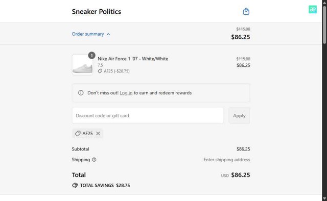 Sneaker Politics checkout page showing Sneaker Politics discount code box | Screenshot taken by SimplyCodes community member on Aug 22, 2025