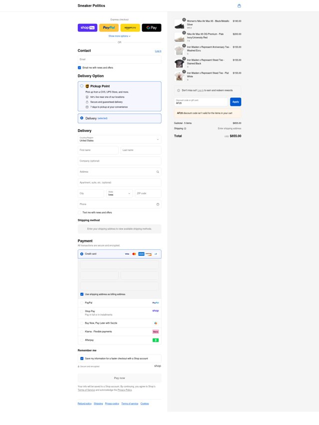 Sneaker Politics checkout page showing Sneaker Politics discount code box | Screenshot taken by SimplyCodes community member on Aug 21, 2025
