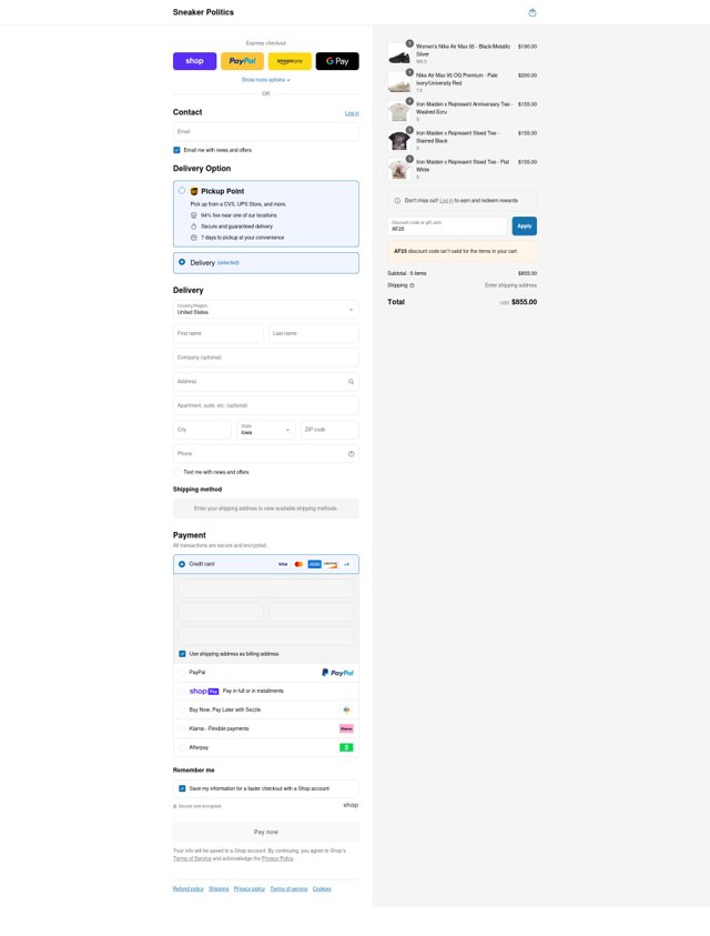 Sneaker Politics checkout page showing Sneaker Politics discount code box | Screenshot taken by SimplyCodes community member on Aug 11, 2025