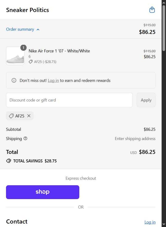 Sneaker Politics checkout page showing Sneaker Politics discount code box | Screenshot taken by SimplyCodes community member on Aug 28, 2025
