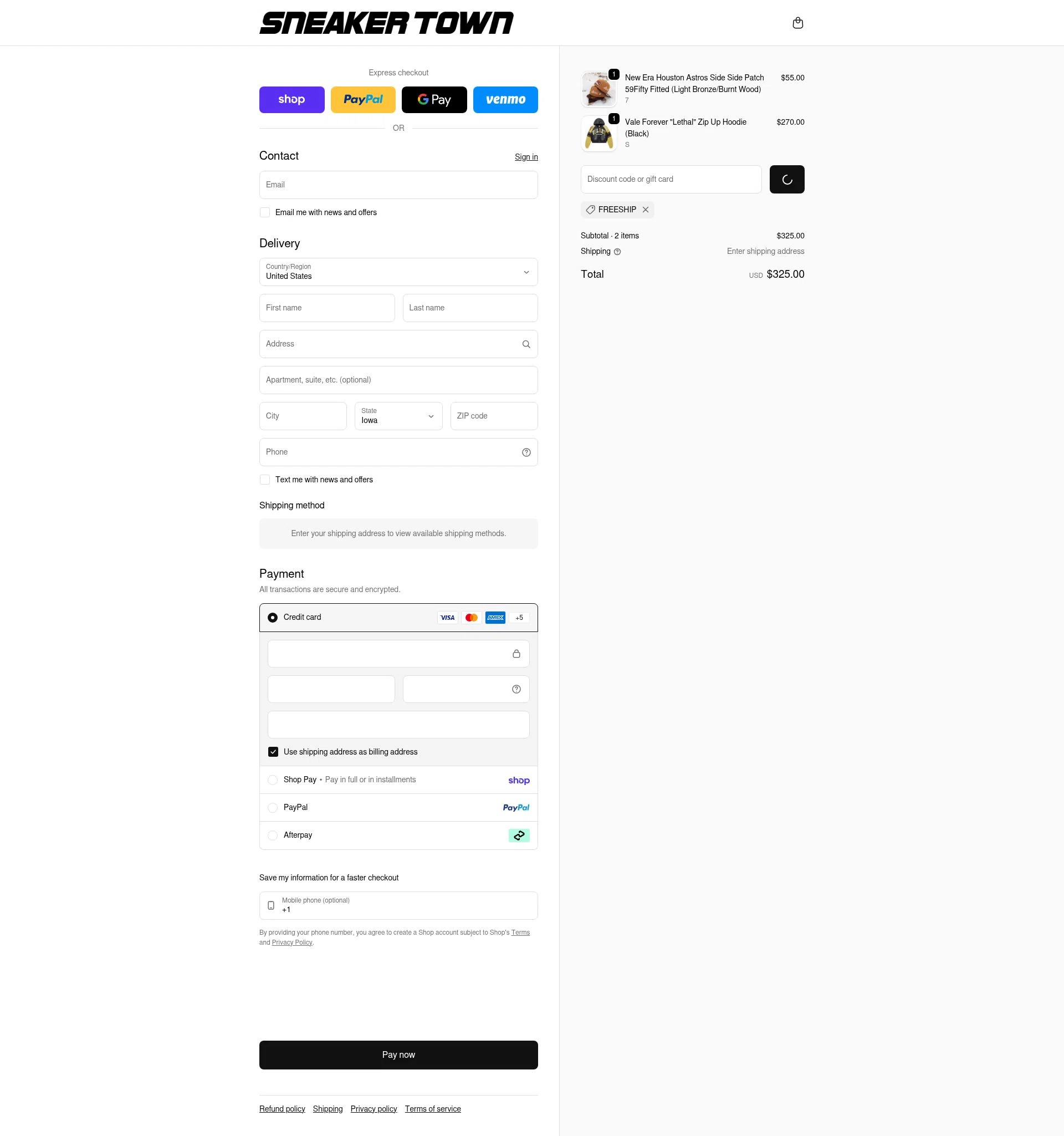SNEAKER TOWN checkout page showing SNEAKER TOWN discount code box | Screenshot taken by SimplyCodes community member on Feb 13, 2026