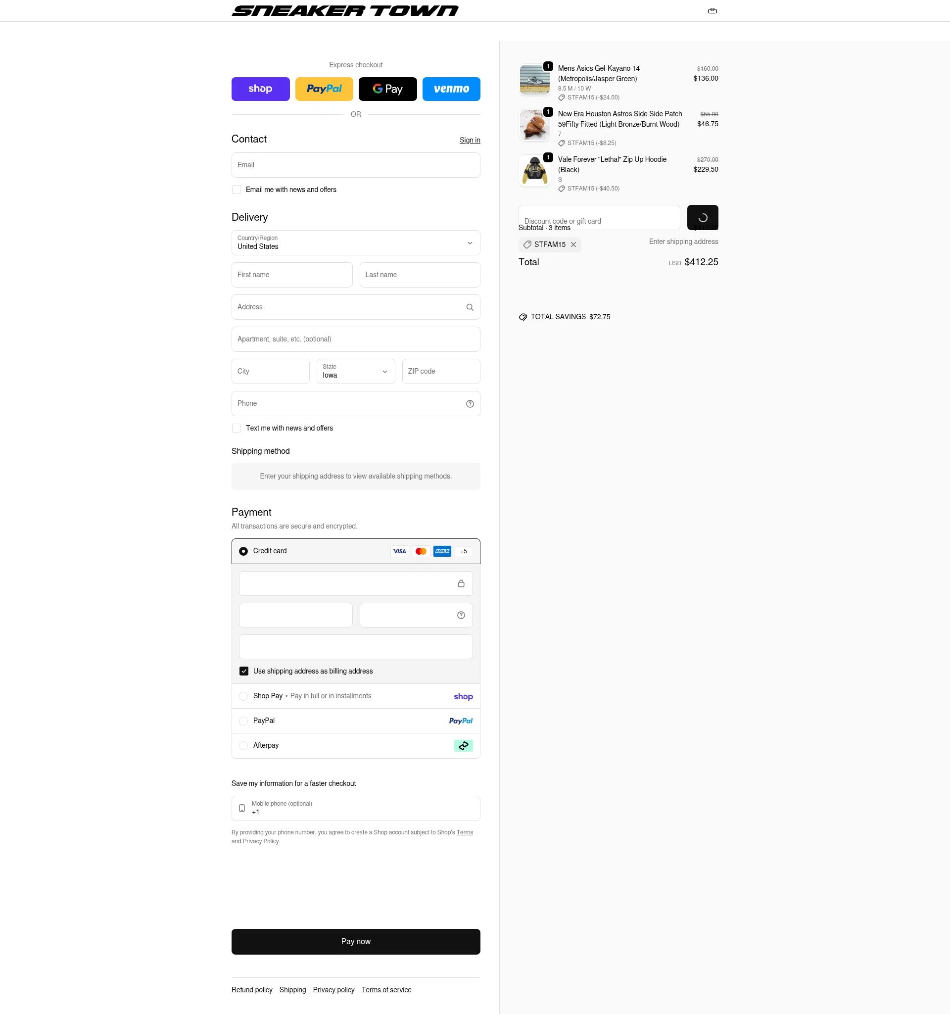 SNEAKER TOWN checkout page showing SNEAKER TOWN discount code box | Screenshot taken by SimplyCodes community member on Feb 4, 2026