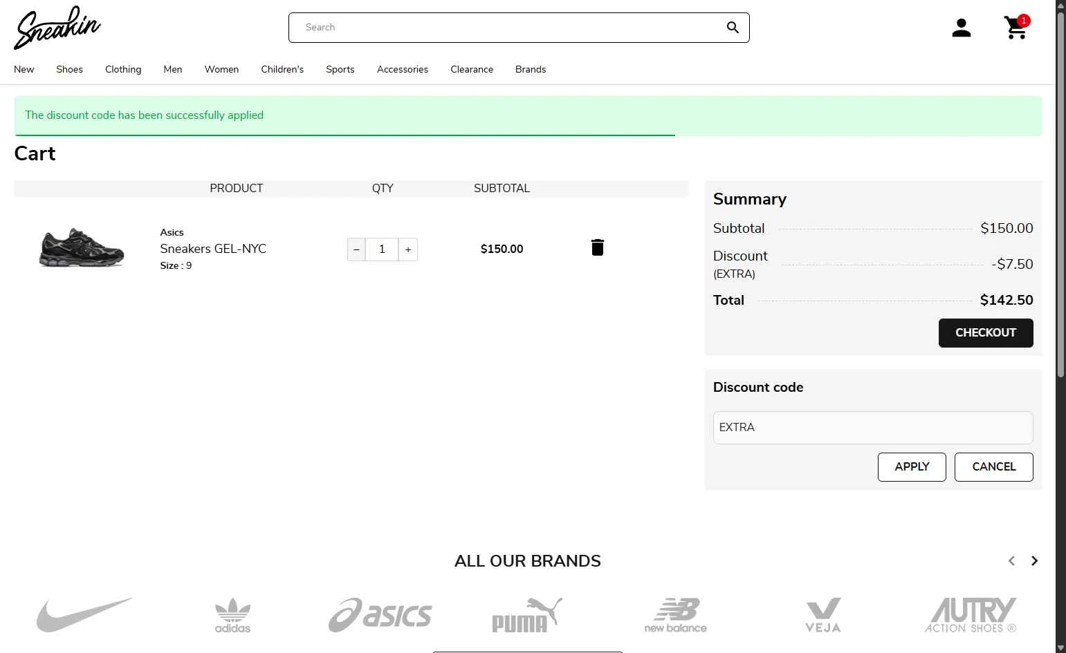 Sneakin checkout page showing Sneakin discount code box | Screenshot taken by SimplyCodes community member on Feb 14, 2026