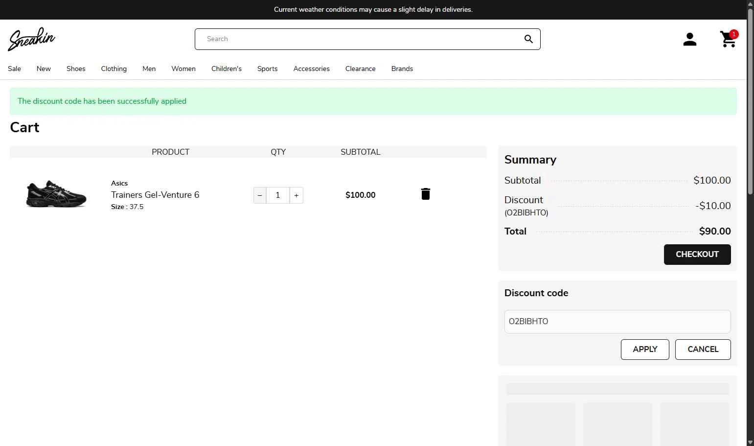Sneakin checkout page showing Sneakin discount code box | Screenshot taken by SimplyCodes community member on Jan 14, 2026