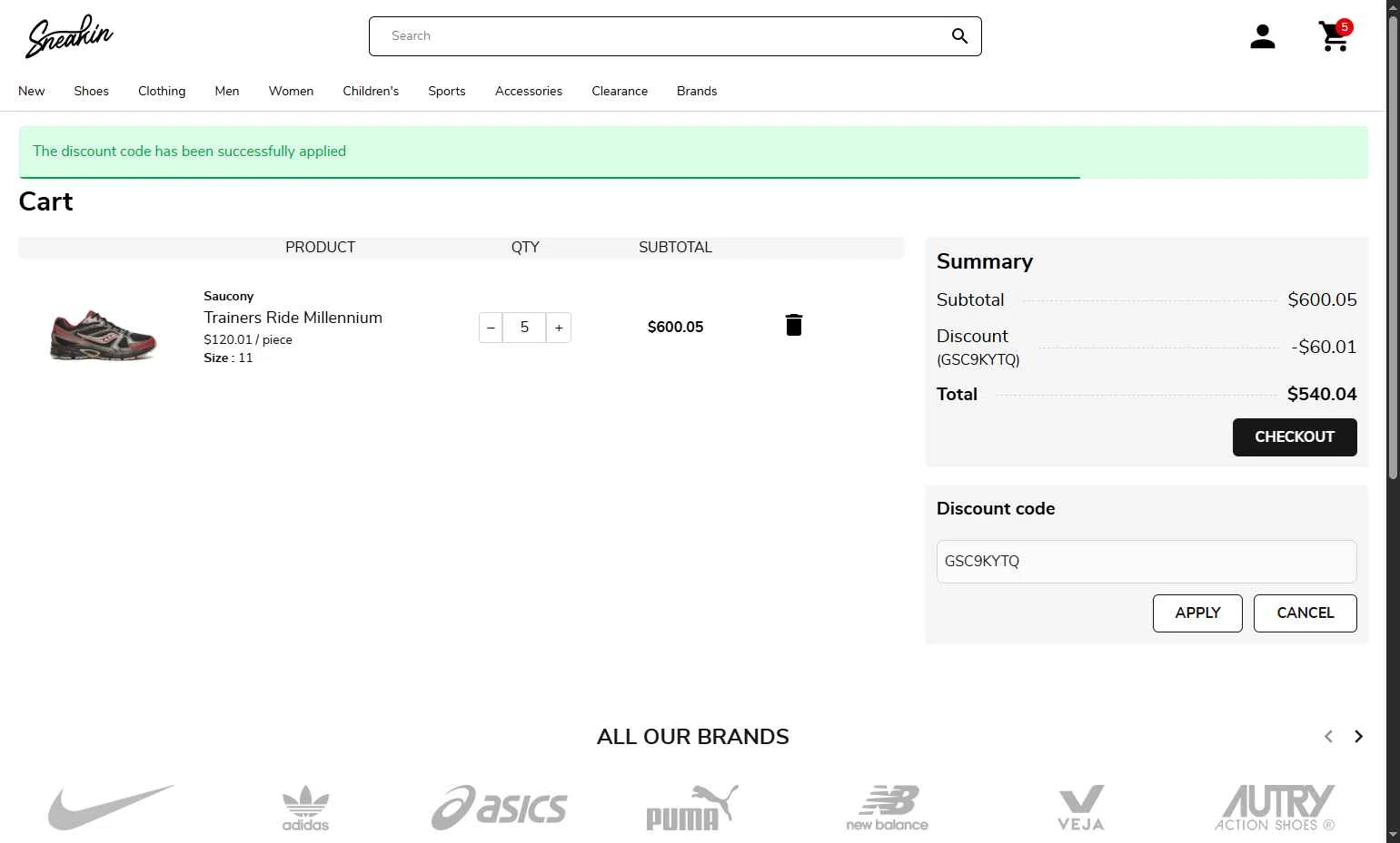 Sneakin checkout page showing Sneakin discount code box | Screenshot taken by SimplyCodes community member on Feb 5, 2026