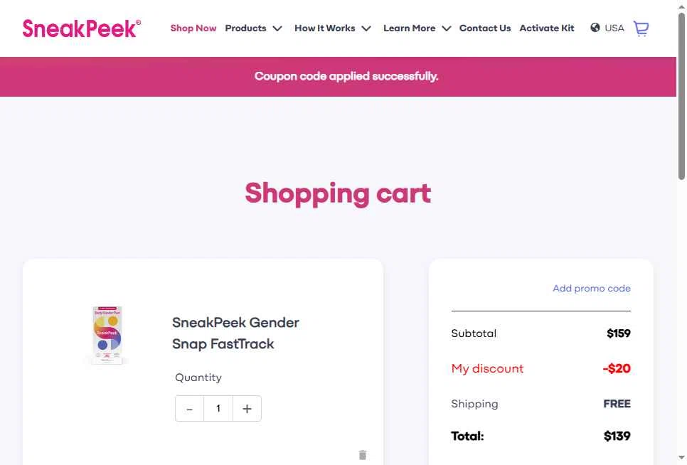 SneakPeek Test checkout page showing SneakPeek Test promo code box | Screenshot taken by SimplyCodes community member on Feb 21, 2026