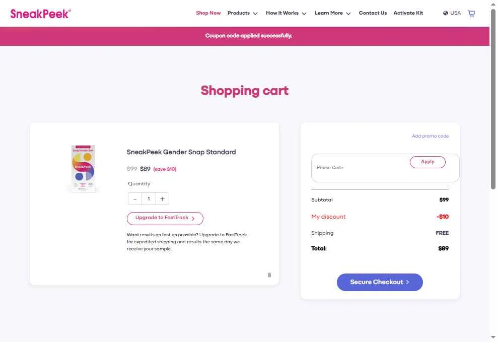 SneakPeek Test checkout page showing SneakPeek Test promo code box | Screenshot taken by SimplyCodes community member on Feb 11, 2026