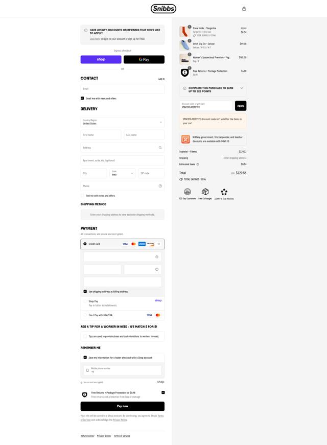 Snibbs checkout page showing Snibbs discount code box | Screenshot taken by SimplyCodes community member on Sep 6, 2025
