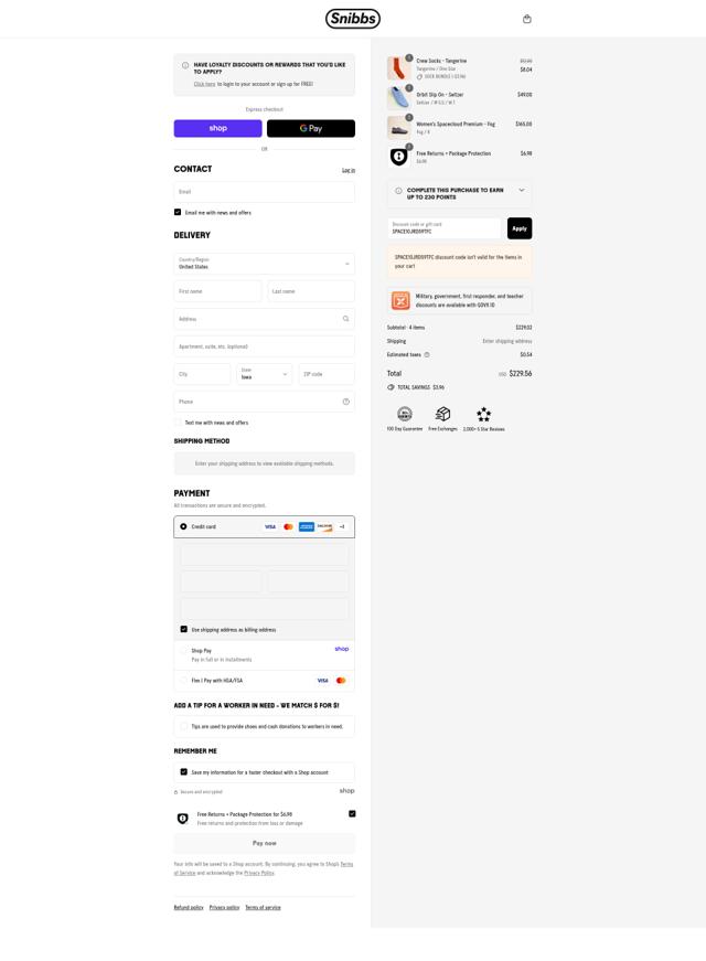 Snibbs checkout page showing Snibbs discount code box | Screenshot taken by SimplyCodes community member on Sep 2, 2025