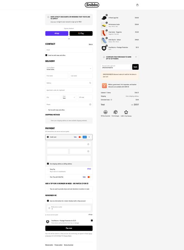 Snibbs checkout page showing Snibbs discount code box | Screenshot taken by SimplyCodes community member on Sep 10, 2025