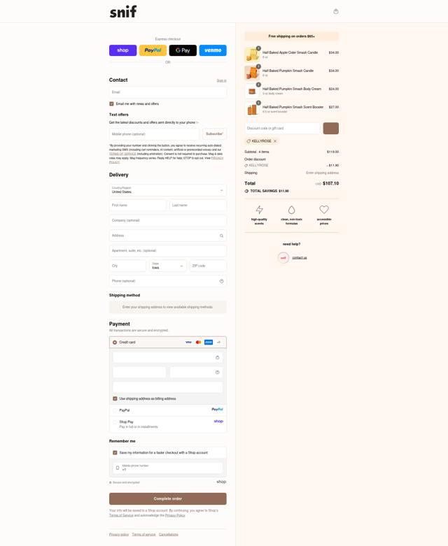 Snif checkout page showing Snif discount code box | Screenshot taken by SimplyCodes community member on Sep 13, 2025