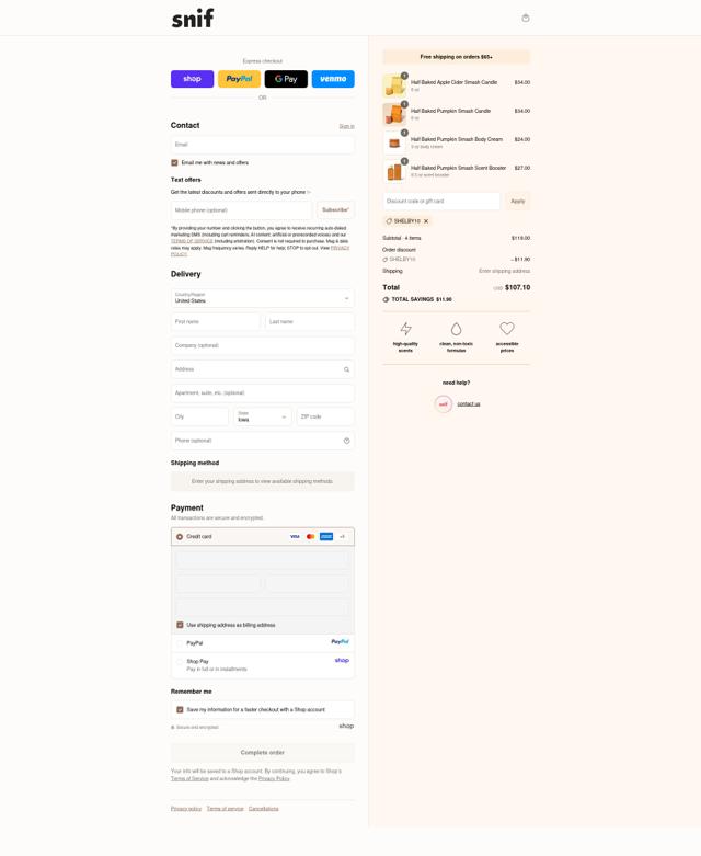 Snif checkout page showing Snif discount code box | Screenshot taken by SimplyCodes community member on Sep 13, 2025
