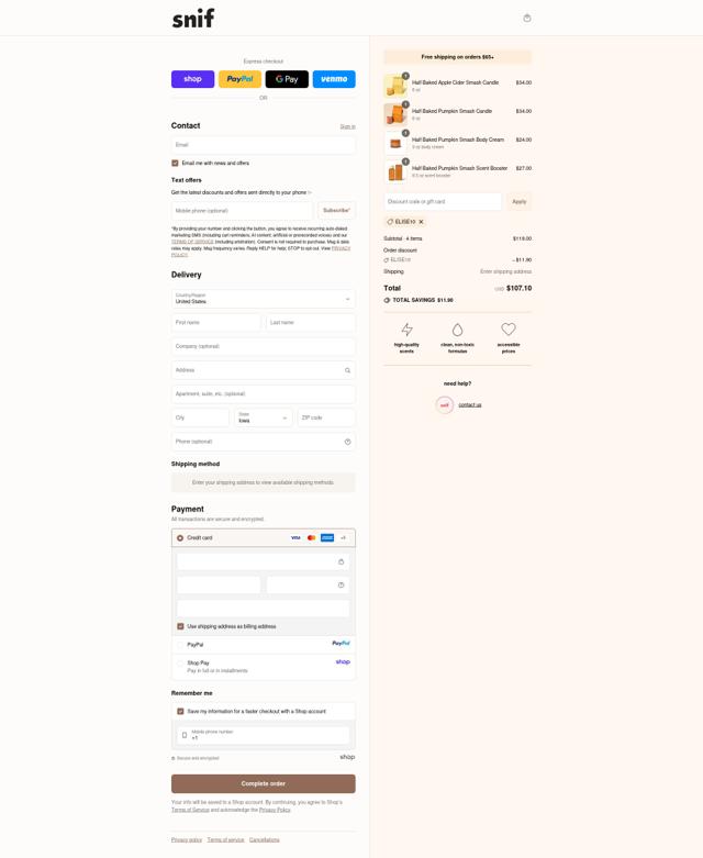 Snif checkout page showing Snif discount code box | Screenshot taken by SimplyCodes community member on Sep 13, 2025