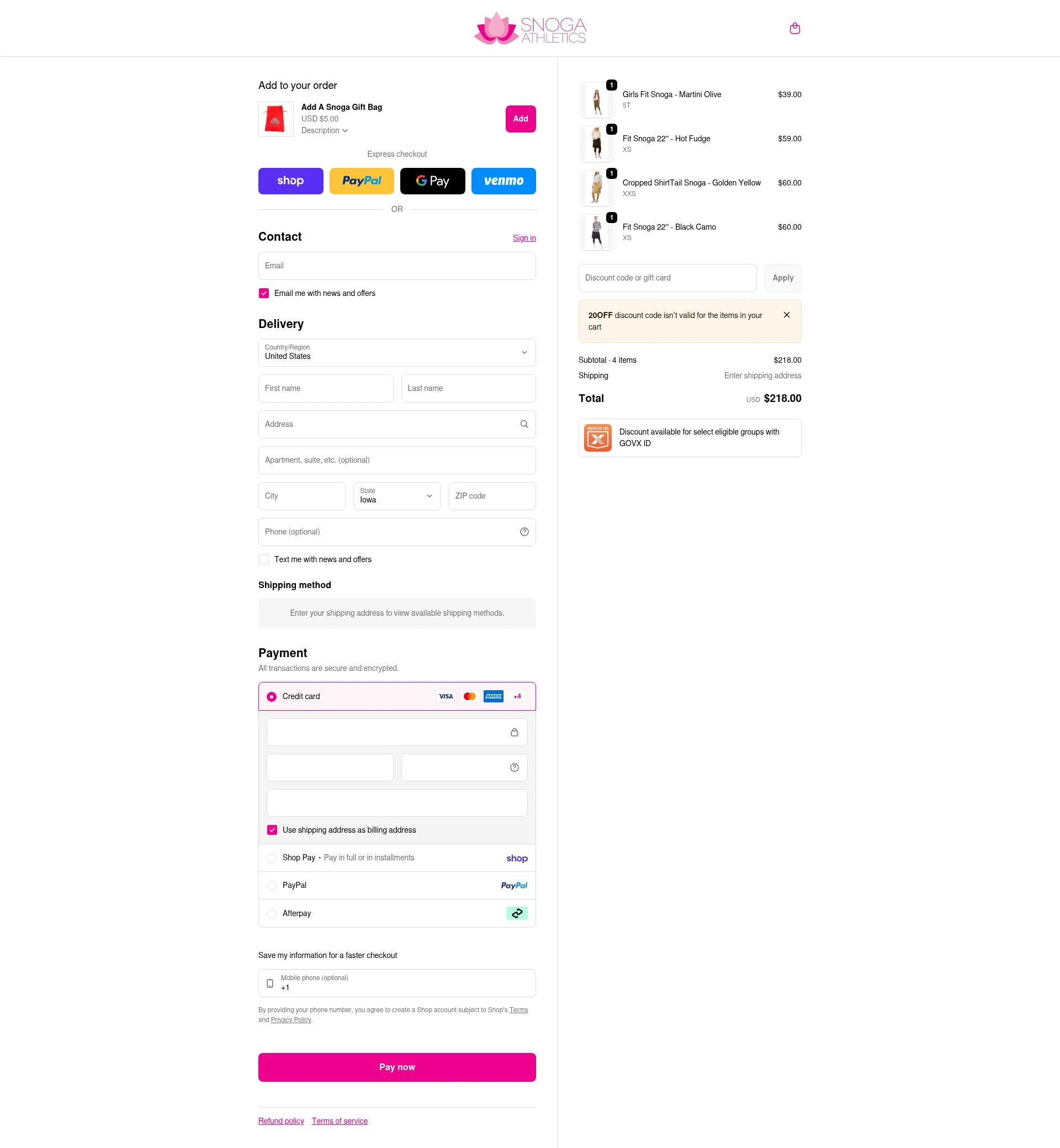 Snoga Athletics checkout page showing Snoga Athletics promo code box | Screenshot taken by SimplyCodes community member on Feb 18, 2026