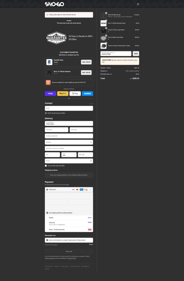 SNO-GO checkout page showing SNO-GO discount code box | Screenshot taken by SimplyCodes community member on Sep 4, 2025