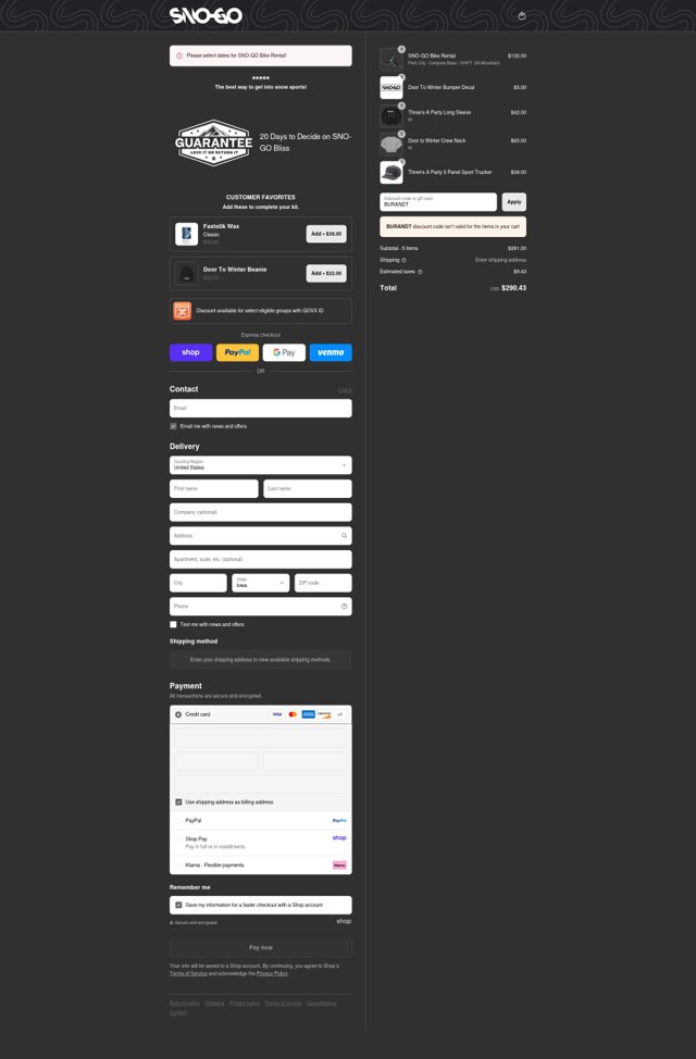 SNO-GO checkout page showing SNO-GO discount code box | Screenshot taken by SimplyCodes community member on Aug 30, 2025