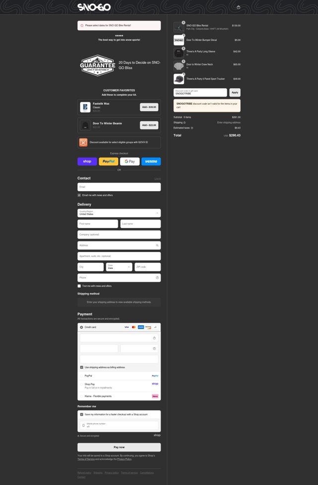 SNO-GO checkout page showing SNO-GO discount code box | Screenshot taken by SimplyCodes community member on Sep 8, 2025