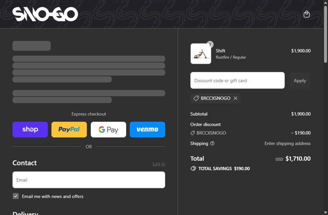 SNO-GO checkout page showing SNO-GO discount code box | Screenshot taken by SimplyCodes community member on Aug 30, 2025