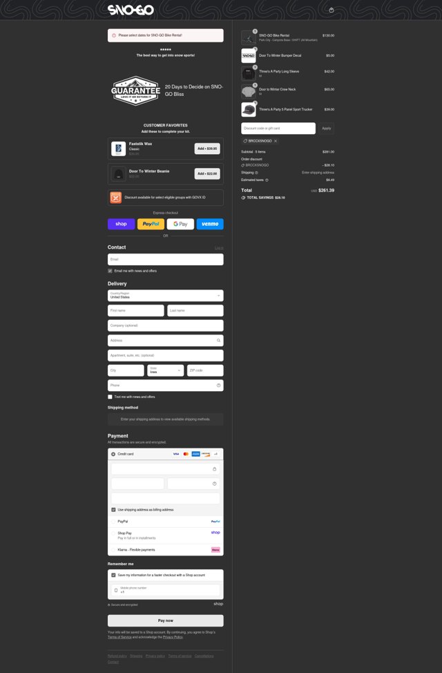 SNO-GO checkout page showing SNO-GO discount code box | Screenshot taken by SimplyCodes community member on Sep 8, 2025