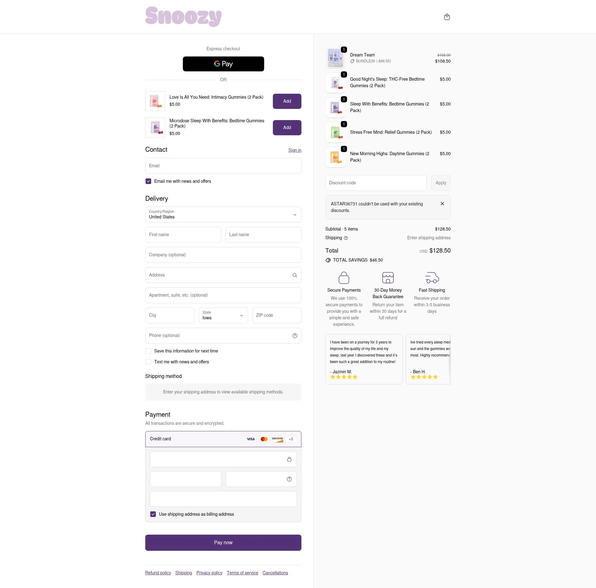 Snoozy Gummy checkout page showing Snoozy Gummy promo code box | Screenshot taken by SimplyCodes community member on Feb 10, 2026