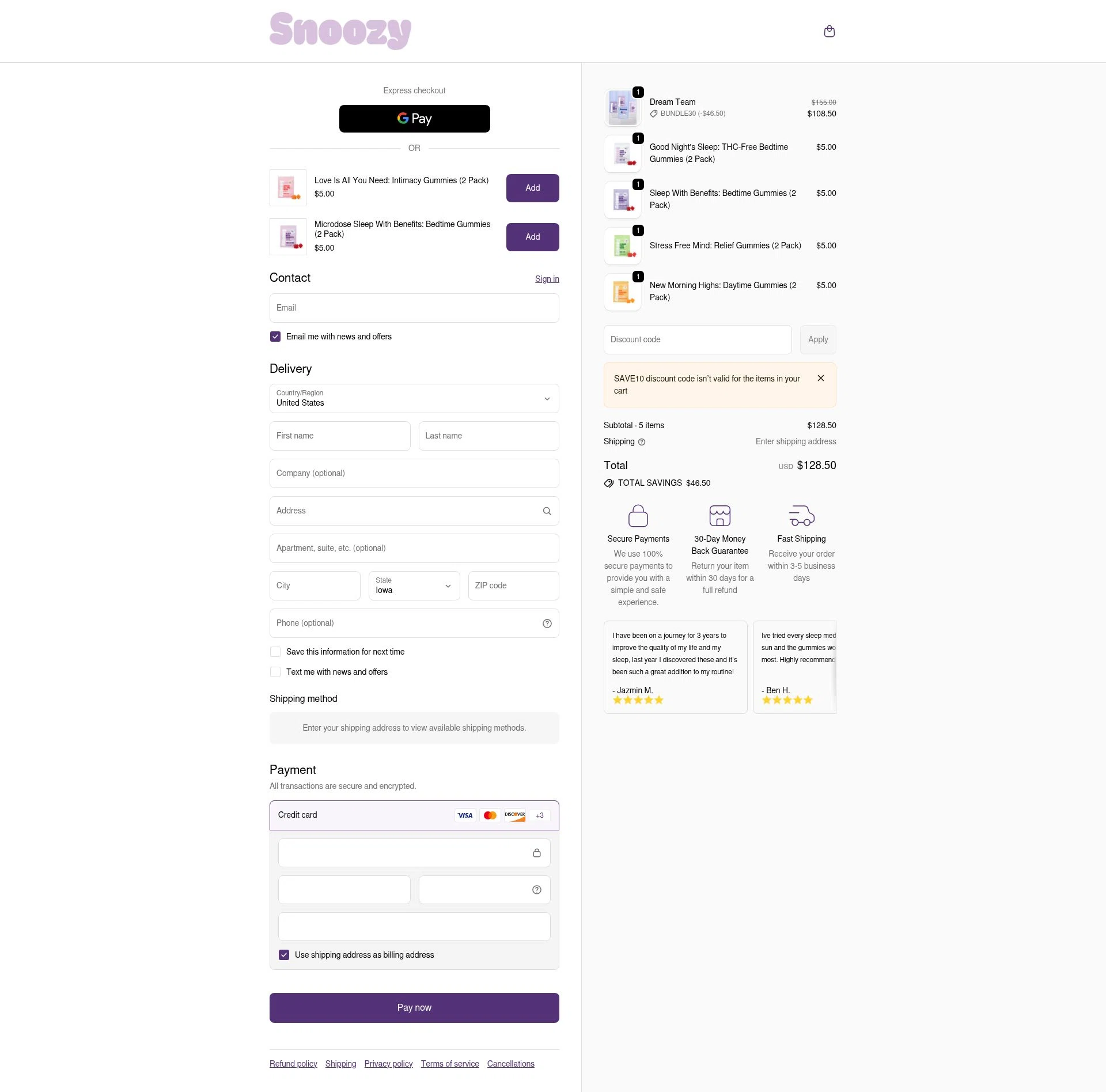 Snoozy Gummy checkout page showing Snoozy Gummy promo code box | Screenshot taken by SimplyCodes community member on Feb 10, 2026