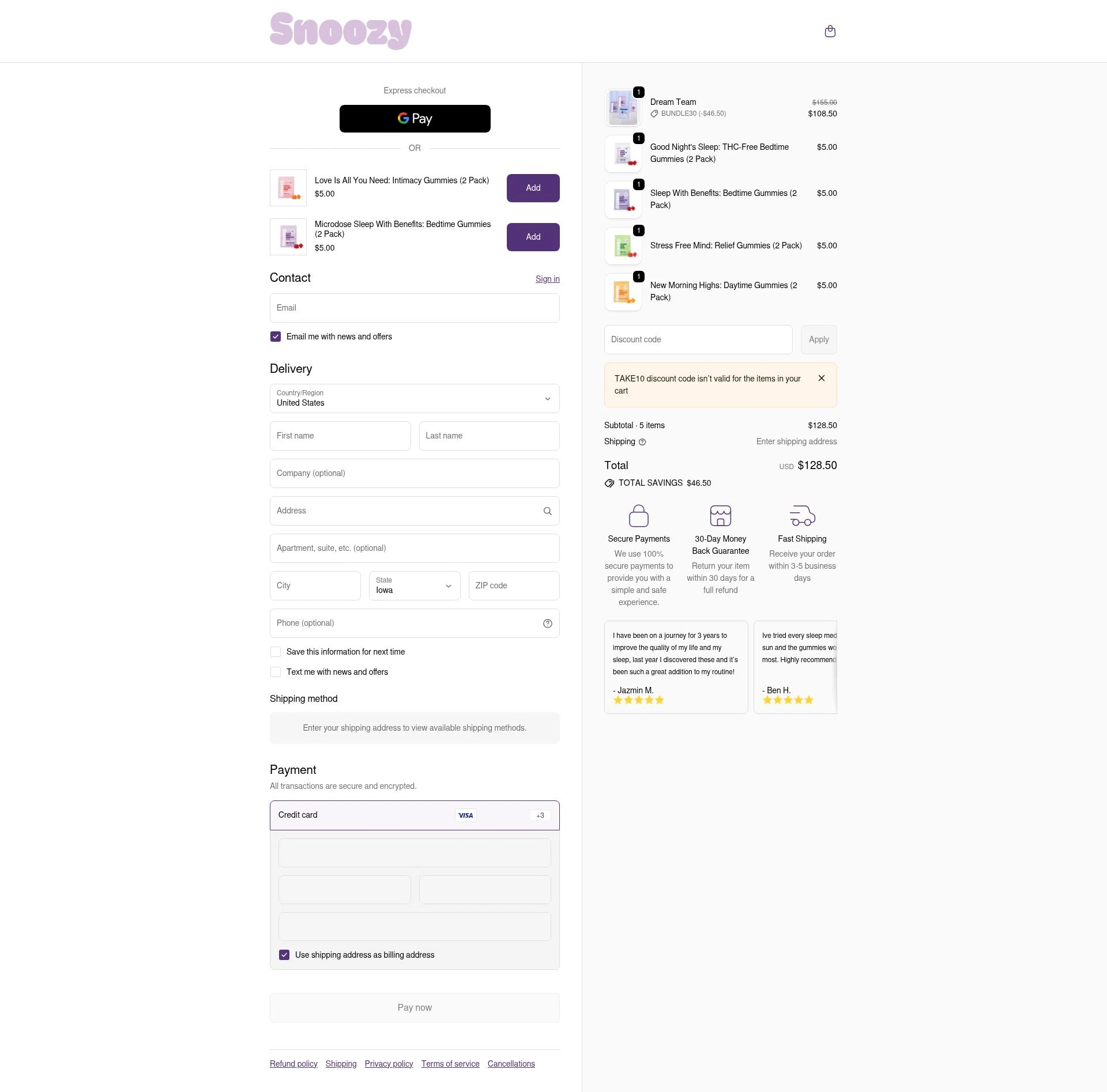 Snoozy Gummy checkout page showing Snoozy Gummy promo code box | Screenshot taken by SimplyCodes community member on Feb 12, 2026