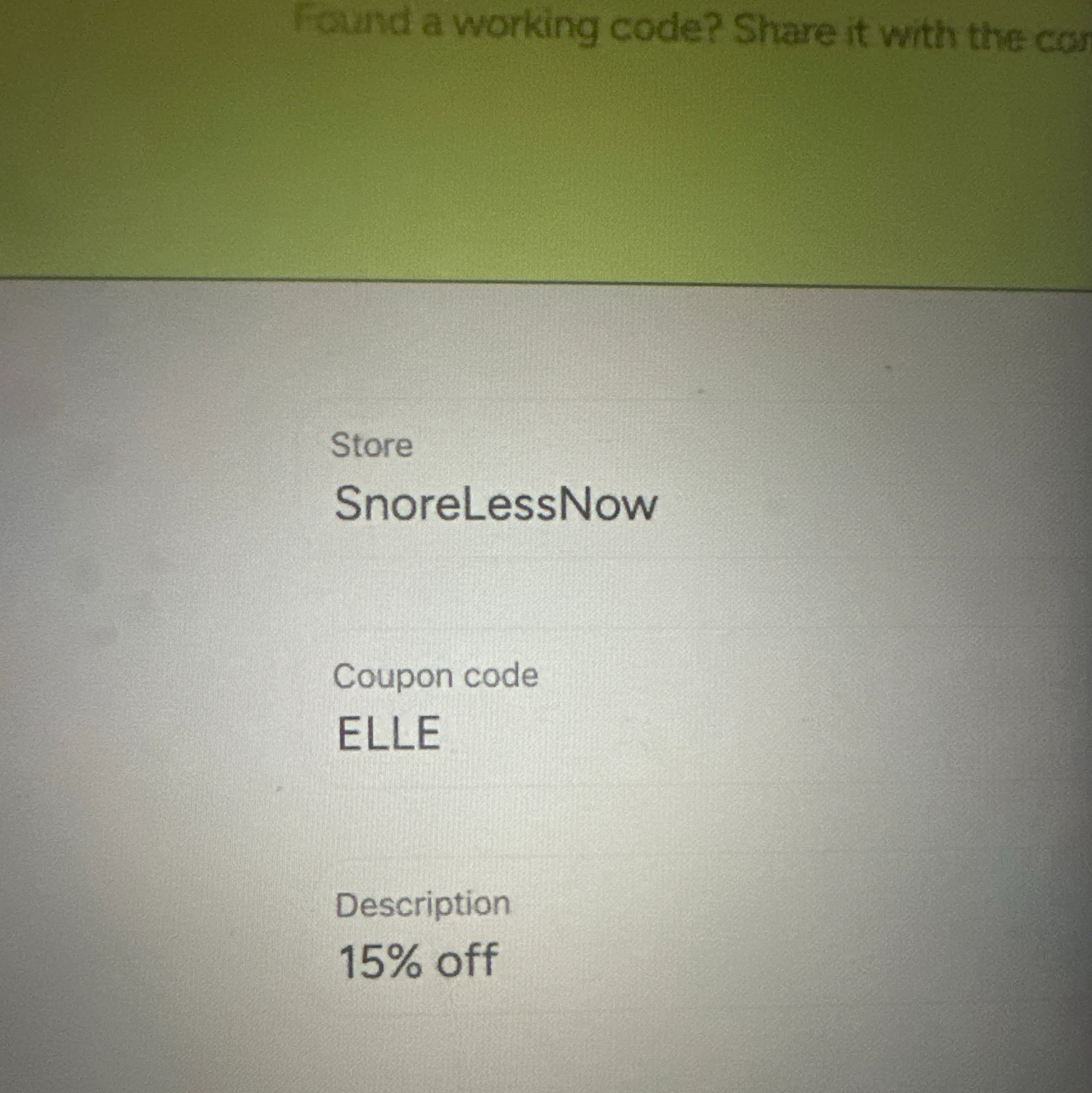 SnoreLessNow discount code screenshot showing code ELLE applied at SnoreLessNow checkout page. Uploaded by SimplyCodes community member Lavalady369 on Sep 12, 2025