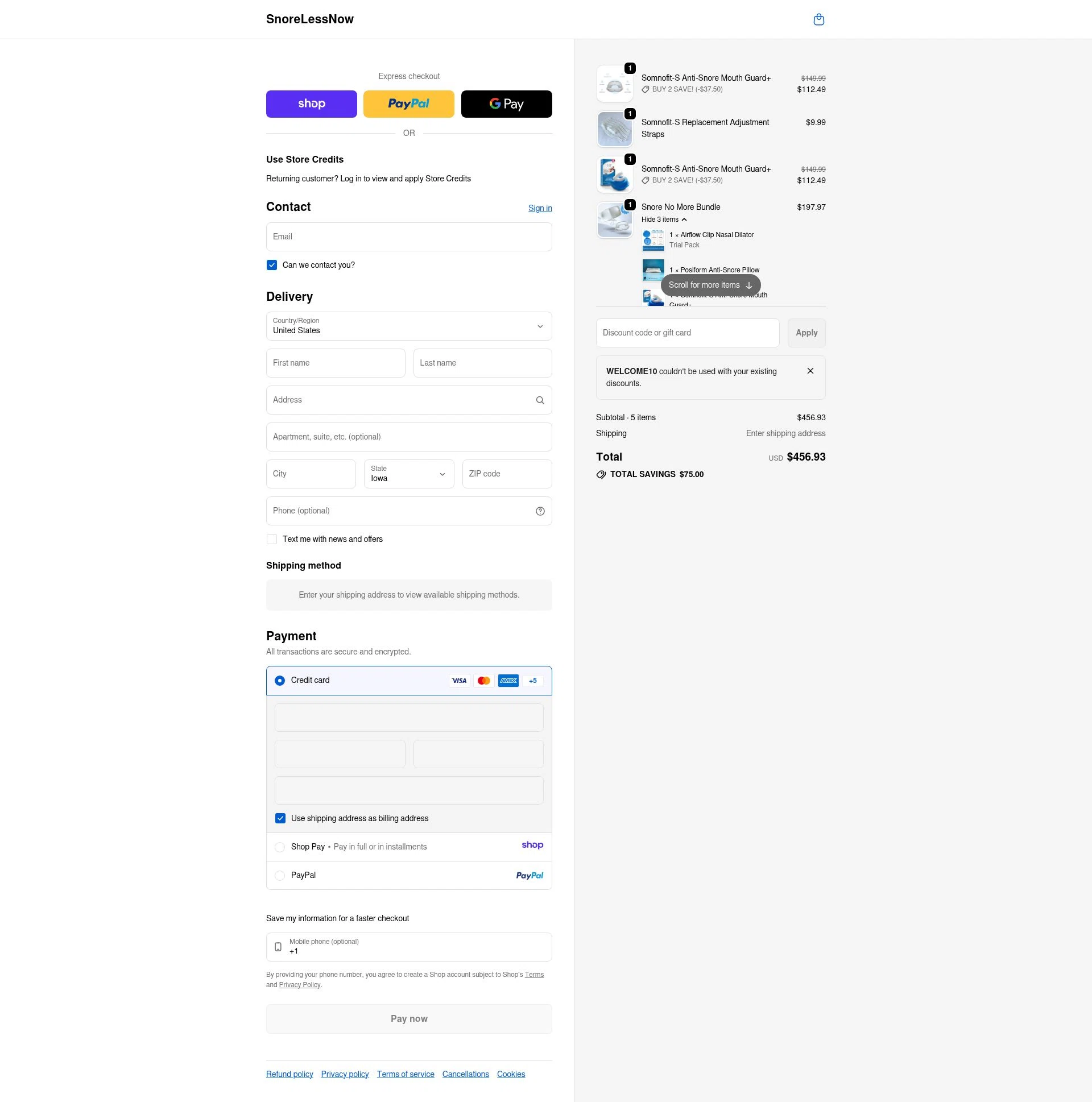 SnoreLessNow checkout page showing SnoreLessNow discount code box | Screenshot taken by SimplyCodes community member on Jan 8, 2026