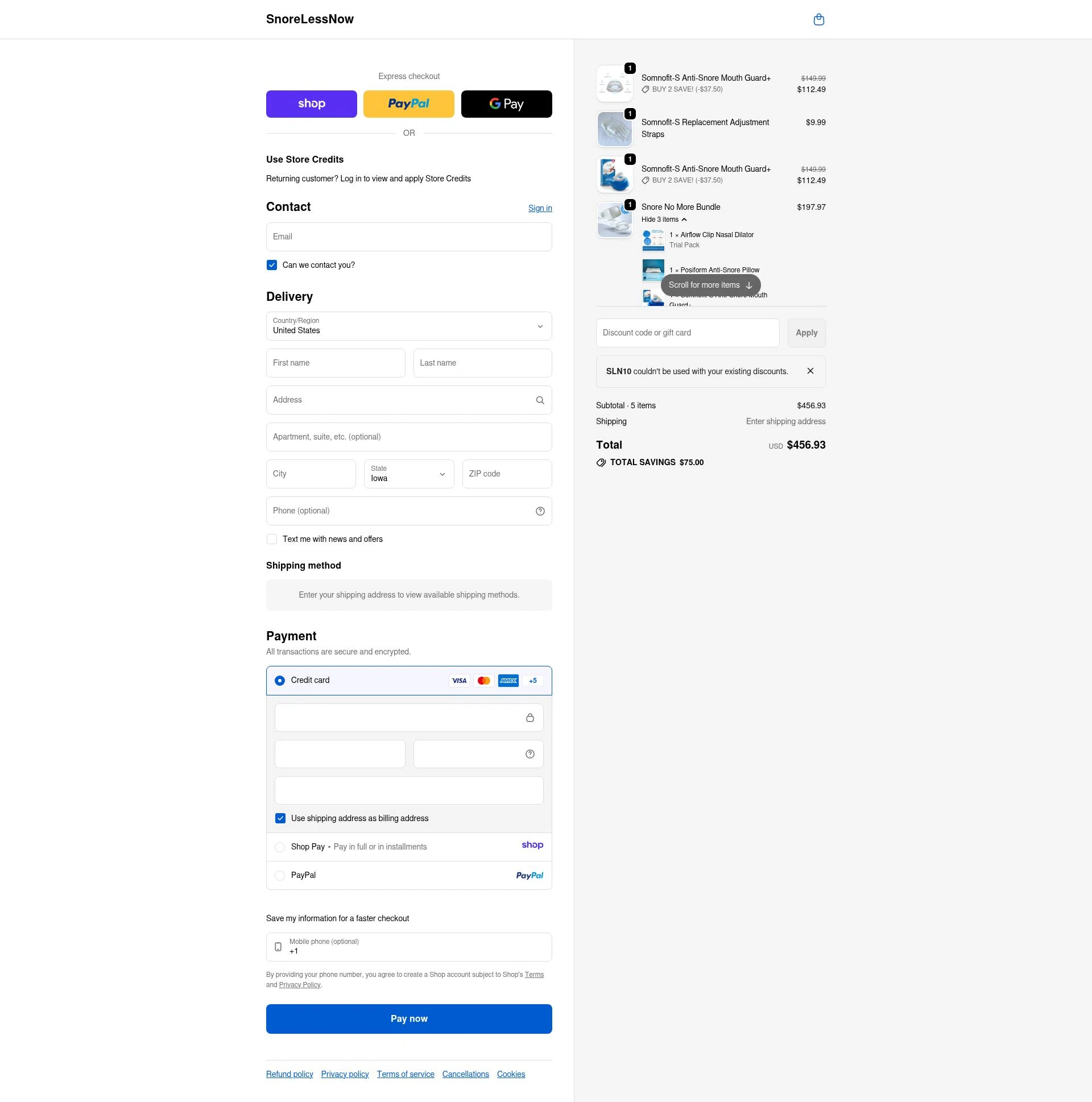 SnoreLessNow checkout page showing SnoreLessNow discount code box | Screenshot taken by SimplyCodes community member on Jan 8, 2026