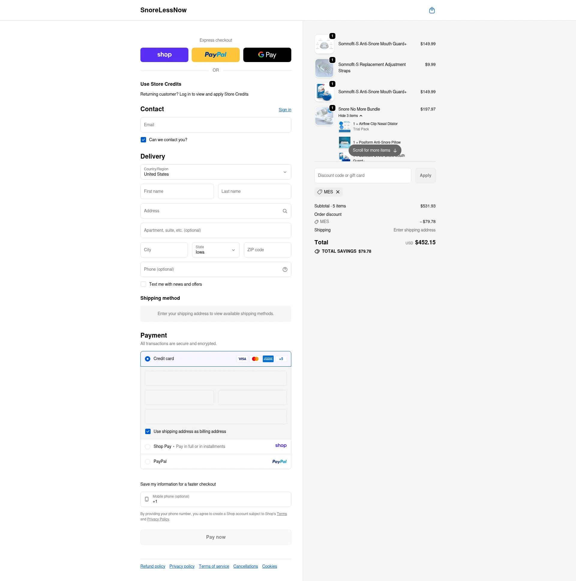 SnoreLessNow checkout page showing SnoreLessNow discount code box | Screenshot taken by SimplyCodes community member on Jan 8, 2026