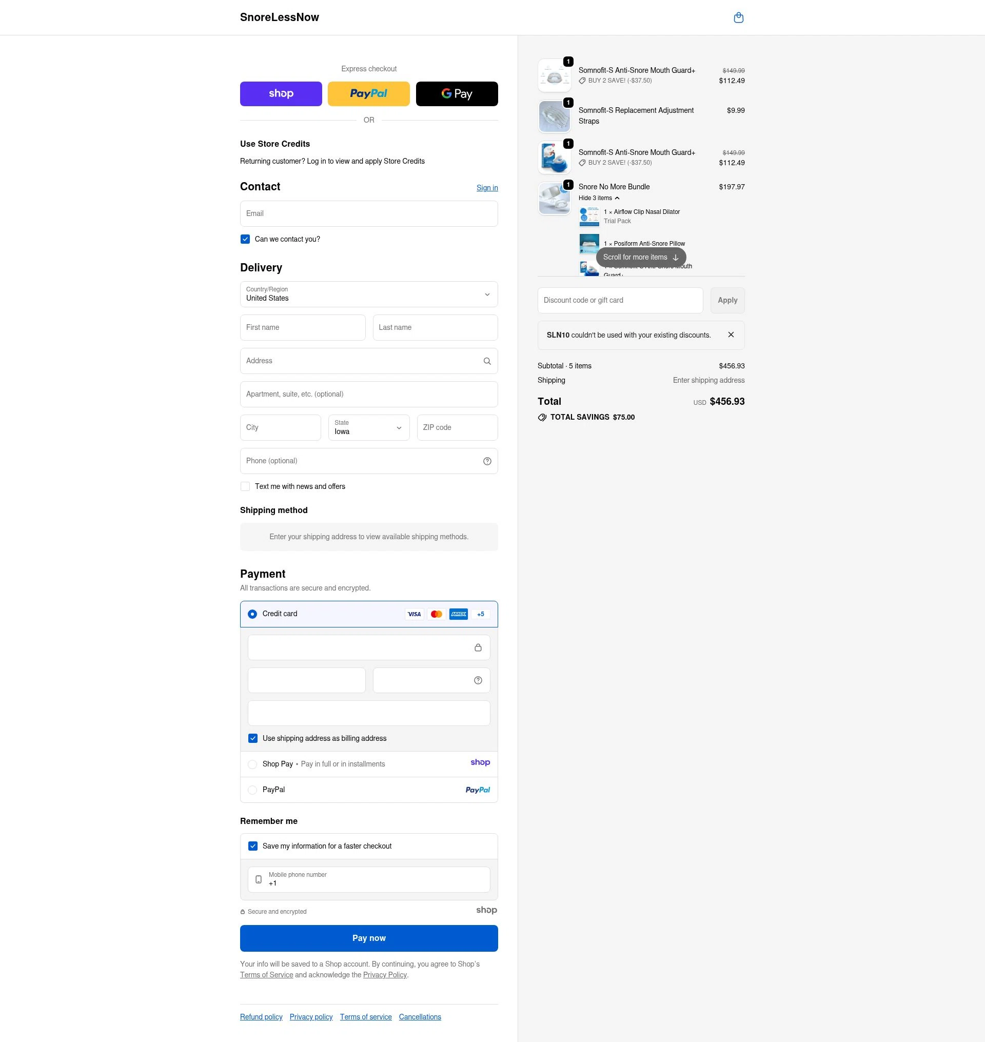 SnoreLessNow checkout page showing SnoreLessNow discount code box | Screenshot taken by SimplyCodes community member on Dec 28, 2025