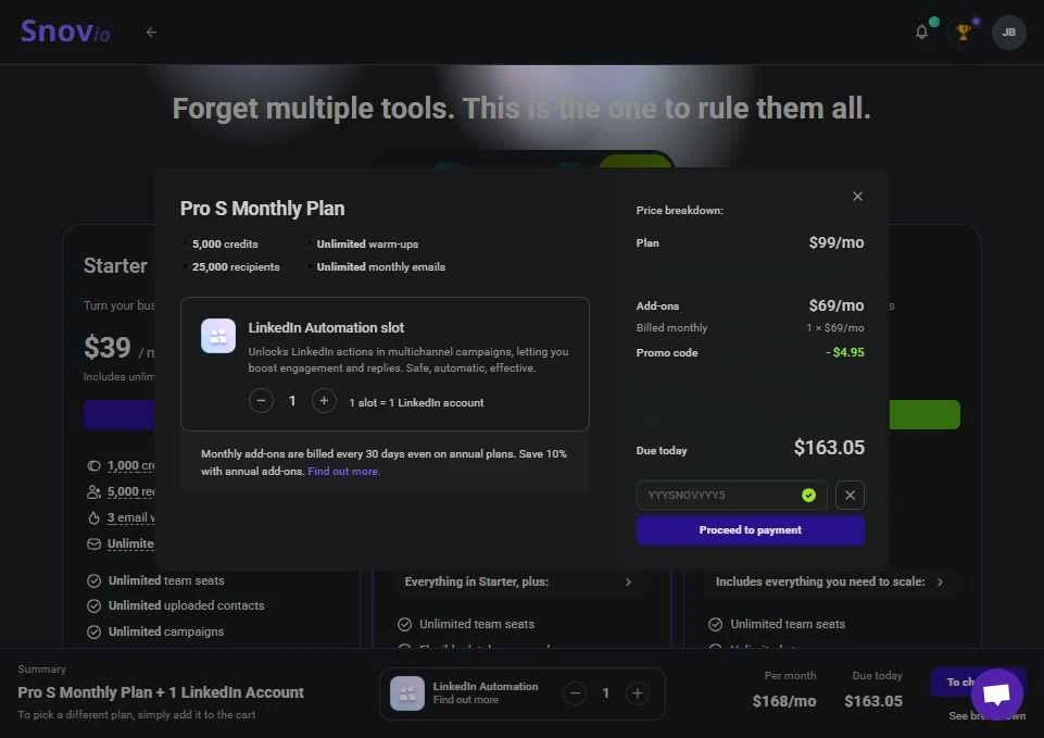 Snovio checkout page showing Snovio promo code box | Screenshot taken by SimplyCodes community member on Jan 6, 2026
