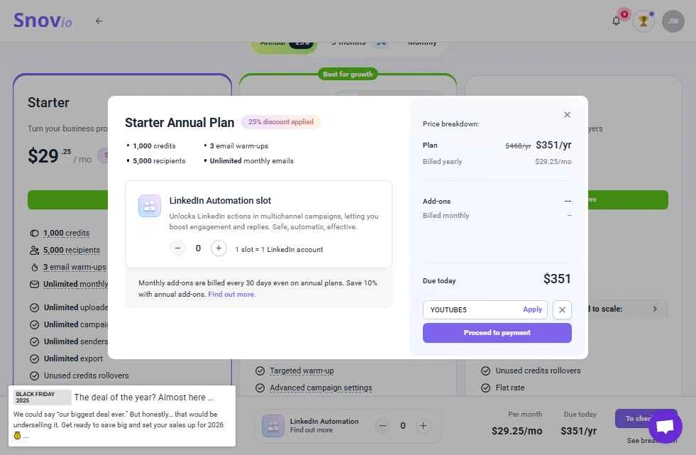 Snovio checkout page showing Snovio promo code box | Screenshot taken by SimplyCodes community member on Nov 14, 2025