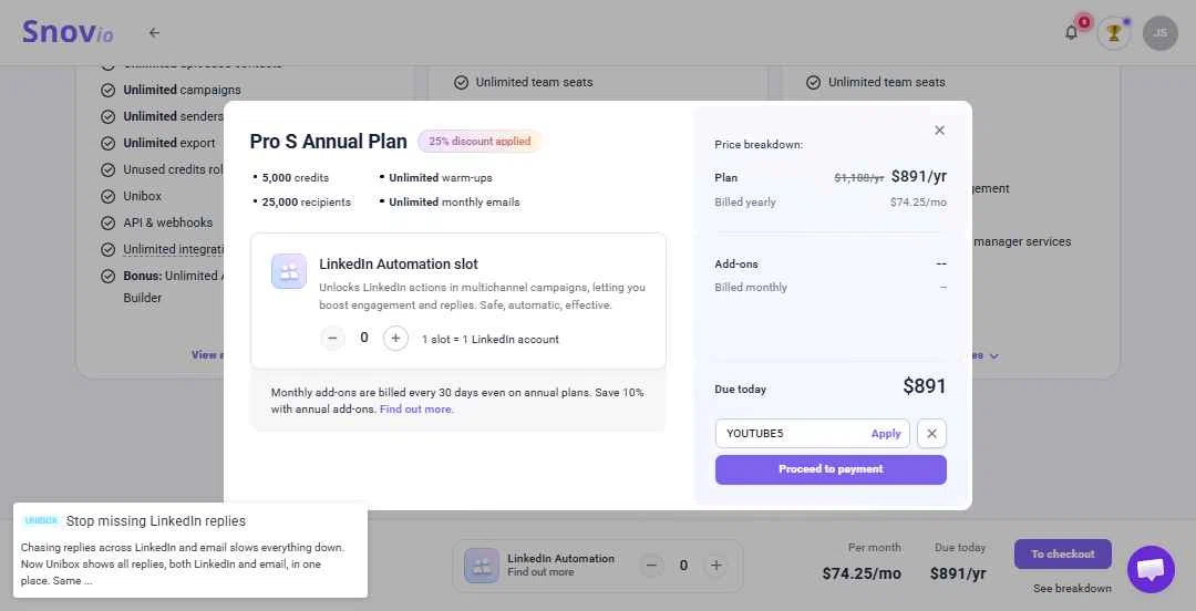 Snovio checkout page showing Snovio promo code box | Screenshot taken by SimplyCodes community member on Feb 4, 2026