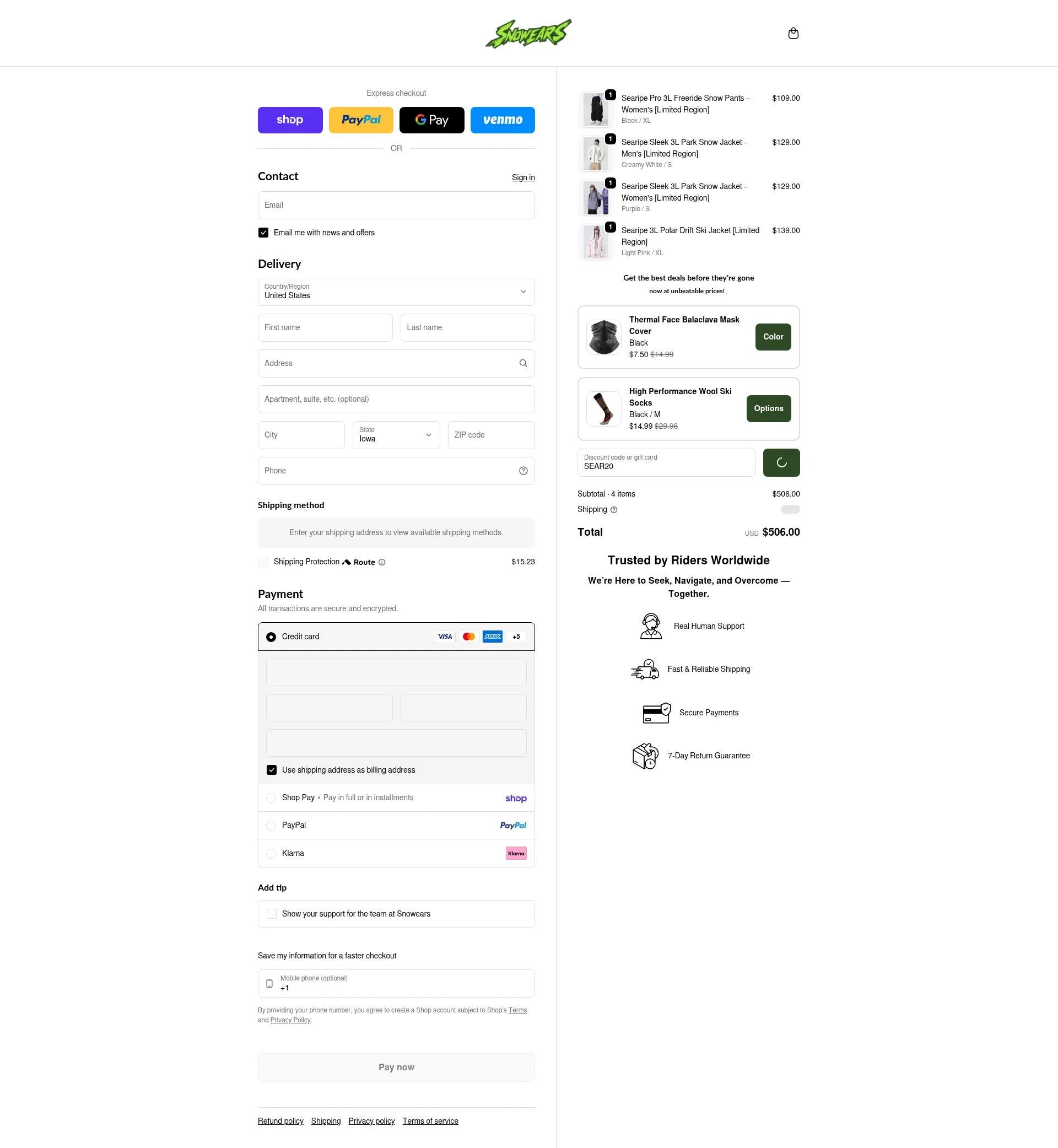 Snowears checkout page showing Snowears discount code box | Screenshot taken by SimplyCodes community member on Feb 16, 2026