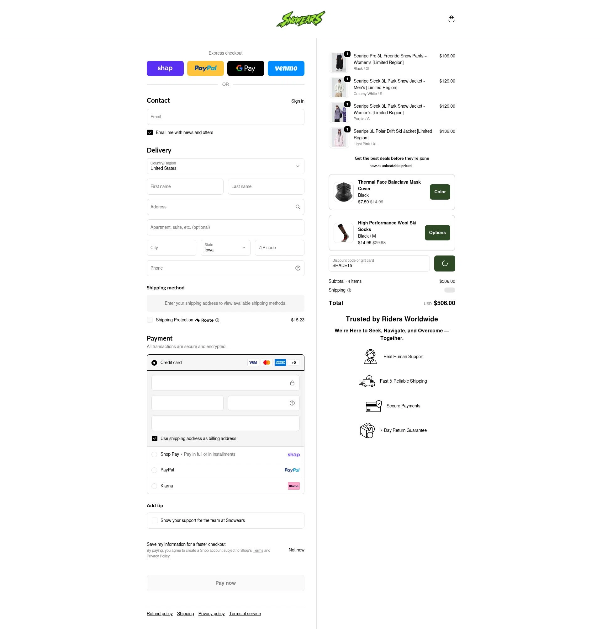 Snowears checkout page showing Snowears discount code box | Screenshot taken by SimplyCodes community member on Feb 16, 2026