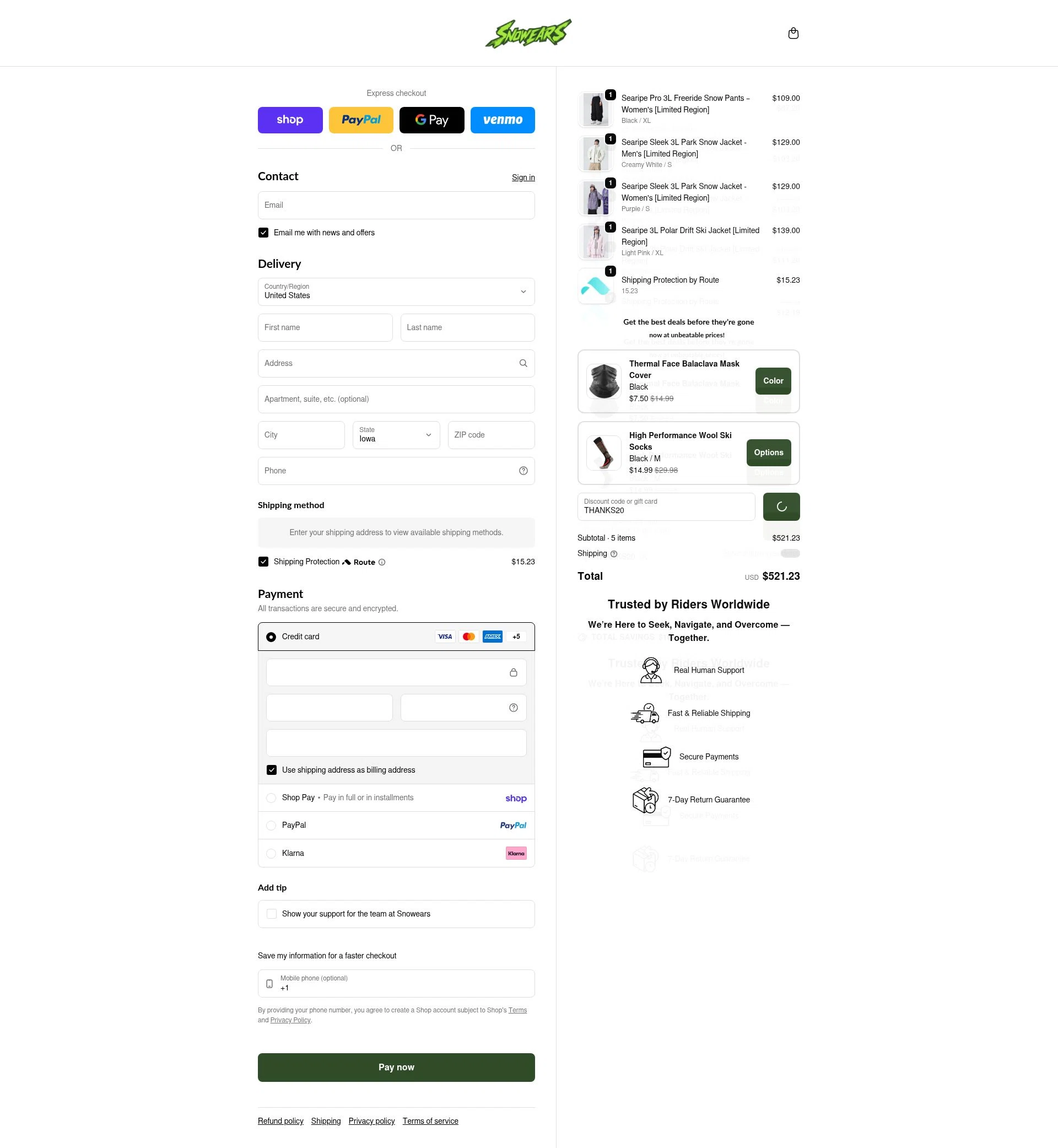 Snowears checkout page showing Snowears discount code box | Screenshot taken by SimplyCodes community member on Feb 16, 2026