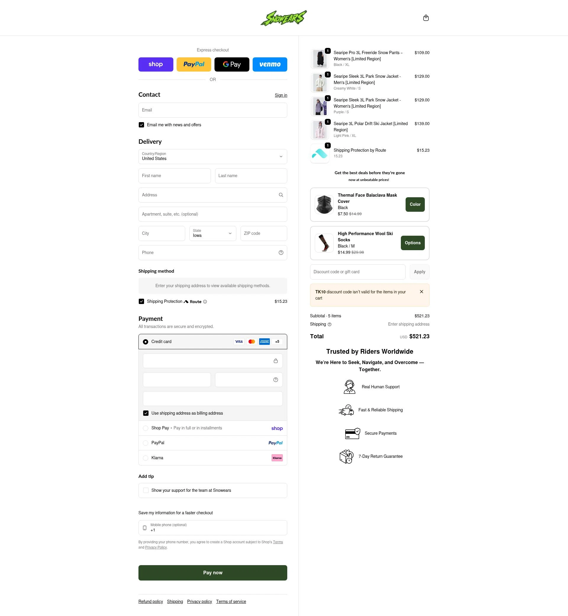 Snowears checkout page showing Snowears discount code box | Screenshot taken by SimplyCodes community member on Feb 16, 2026