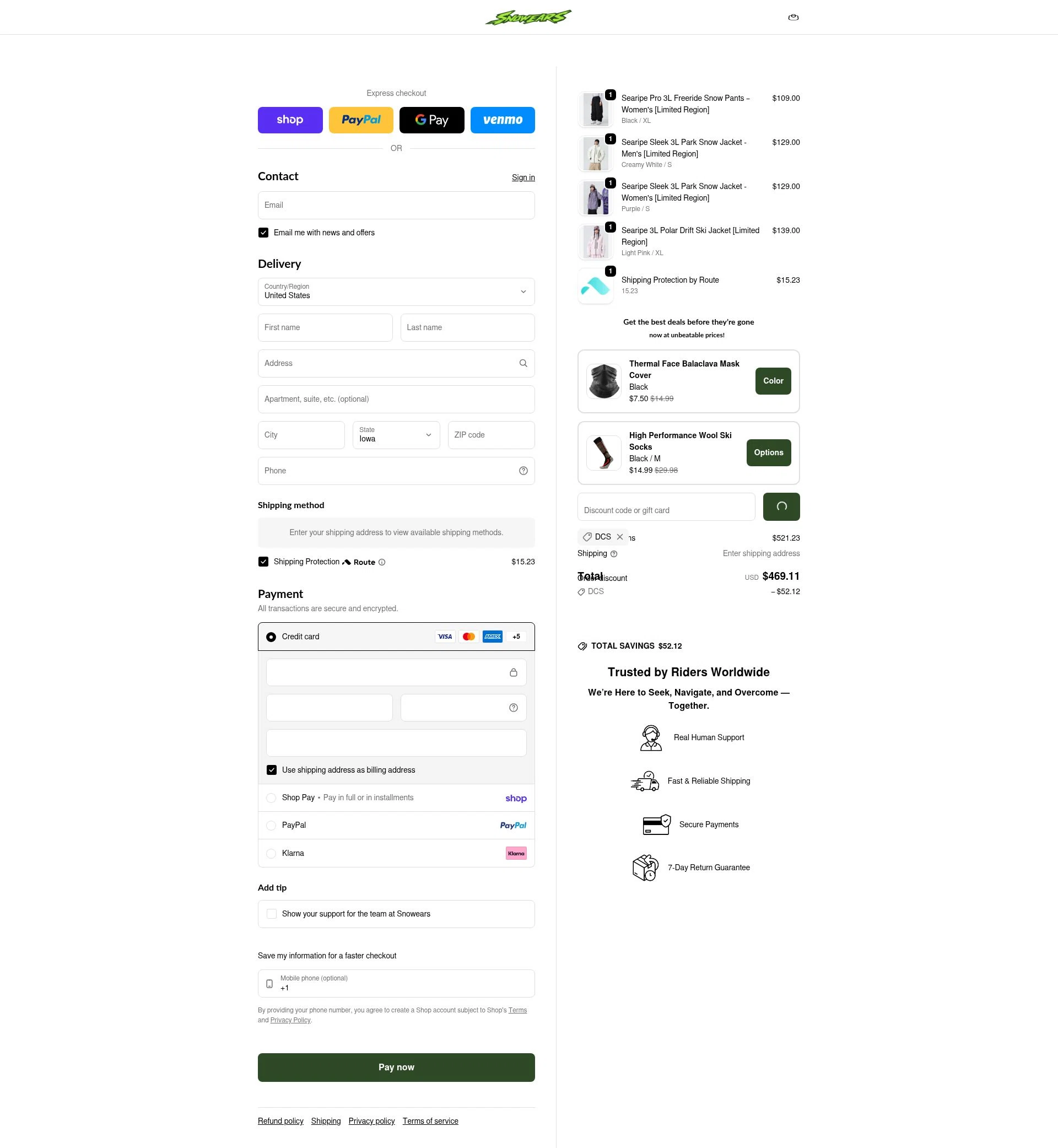 Snowears checkout page showing Snowears discount code box | Screenshot taken by SimplyCodes community member on Feb 16, 2026