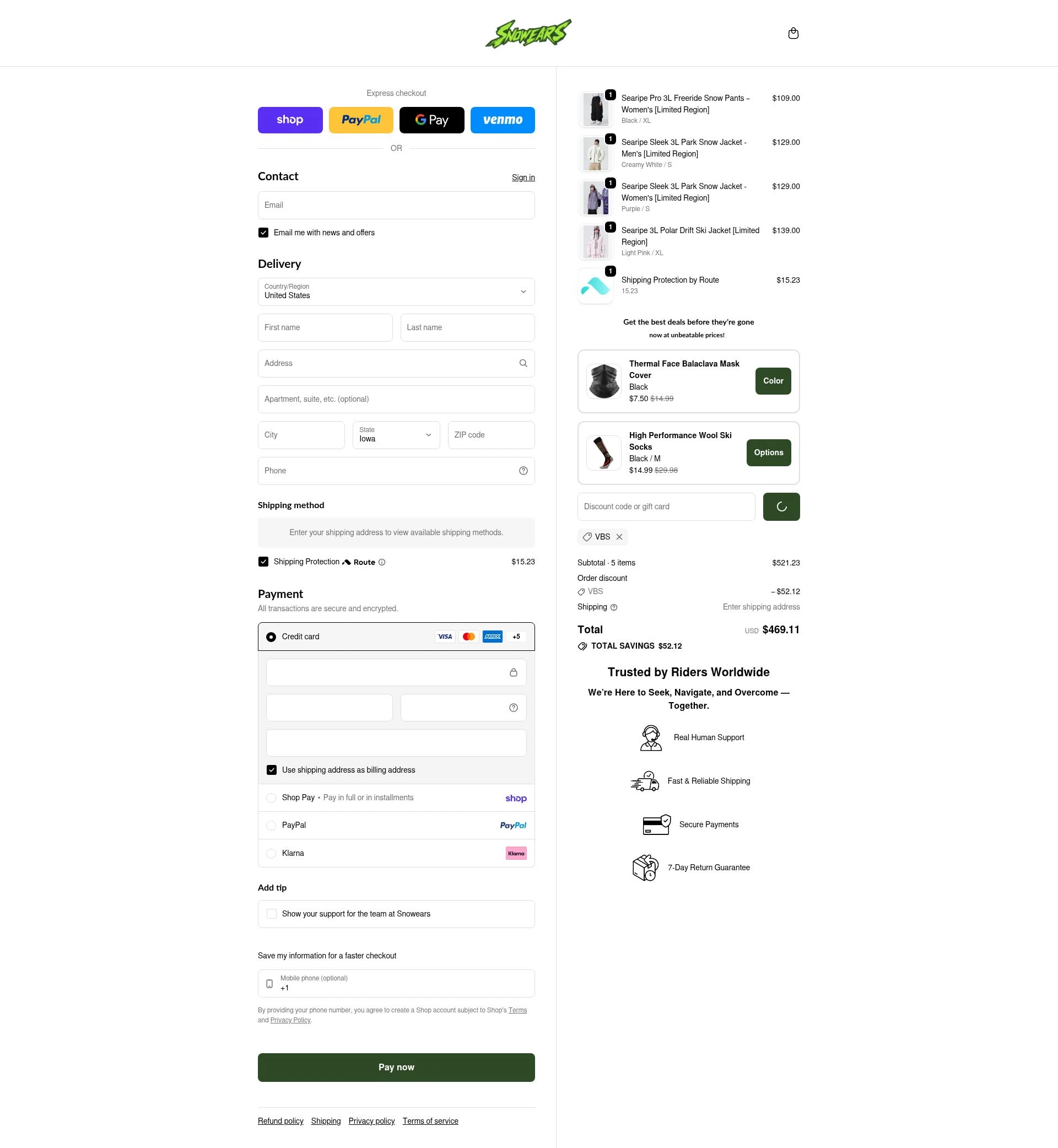 Snowears checkout page showing Snowears discount code box | Screenshot taken by SimplyCodes community member on Feb 16, 2026
